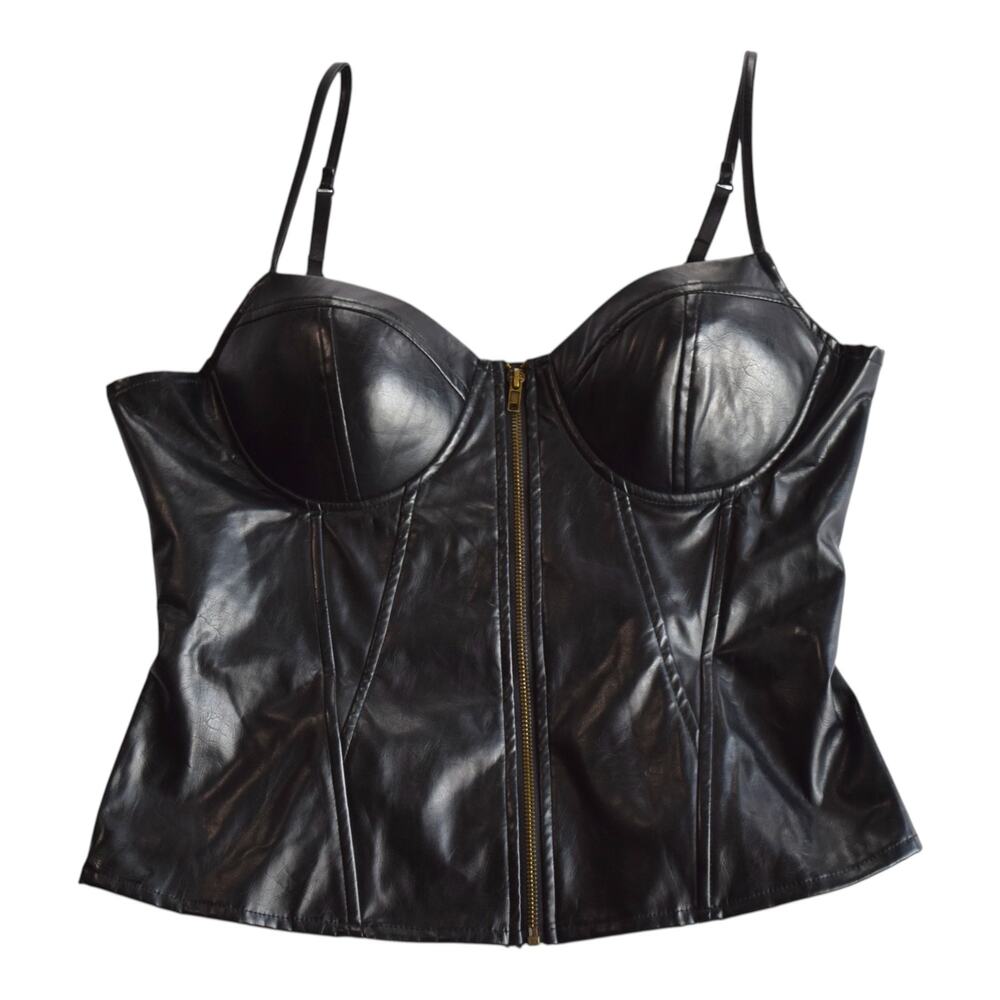 Y2K Charlotte Russe Black Faux Leather Zip Front Corset Bustier Top - XL